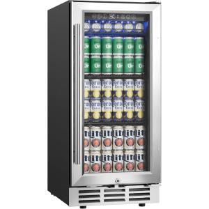 imageEUHOMY 15 Inch Beverage Refrigerator Cooler Under Counter 127 Cans Beverage Fridge Builtin or Freestanding with Glass Door LED Light Beer Fridge for Soda Water Wine  Home Kitchen Bar