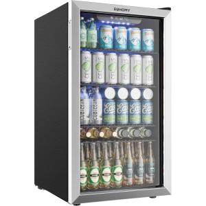 imageEUHOMY Beverage Refrigerator and Cooler 128 Can Mini fridge with Glass Door Small Refrigerator with Adjustable Shelves for Soda Beer or Wine HomeBarOffice BlackSilver