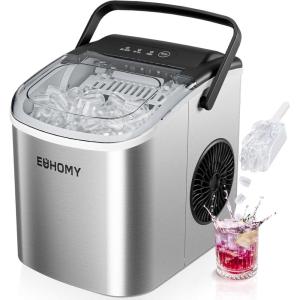 imageEUHOMY Countertop Ice Maker Machine with Handle 26lbs in 24Hrs 9 Ice Cubes Ready in 6 Mins AutoCleaning Portable Ice Maker with Basket and Scoop for HomeKitchenCampingRV BlackLight Grey