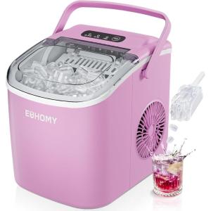 imageEUHOMY Countertop Ice Maker Machine with Handle 26lbs in 24Hrs 9 Ice Cubes Ready in 6 Mins AutoCleaning Portable Ice Maker with Basket and Scoop for HomeKitchenCampingRV BlackPink