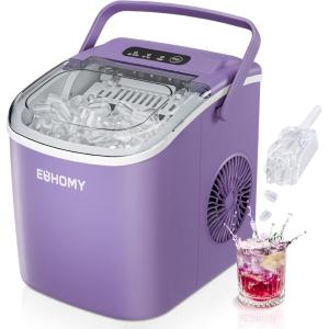 imageEUHOMY Countertop Ice Maker Machine with Handle 26lbs in 24Hrs 9 Ice Cubes Ready in 6 Mins AutoCleaning Portable Ice Maker with Basket and Scoop for HomeKitchenCampingRV BlackPurple