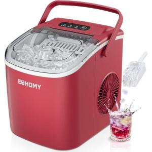 imageEUHOMY Countertop Ice Maker Machine with Handle 26lbs in 24Hrs 9 Ice Cubes Ready in 6 Mins AutoCleaning Portable Ice Maker with Basket and Scoop for HomeKitchenCampingRV BlackRed