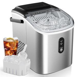 imageEUHOMY Ice Maker Countertop Portable Ice Machine with Carry Handle 265lbs Per Day 9 Cubes in 6 Mins AutoCleaning with Basket and Scoop for Home Kitchen Camping RV SilverStainless Steel Silver