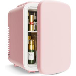 imageEUHOMY Mini Fridge 4 Liter6 Cans Small Refrigerator Portable Cooler and Warmer for Skin Care Cosmetics Beverage 4L Makeup Mini Fridge for Bedroom Car Office PinkPink
