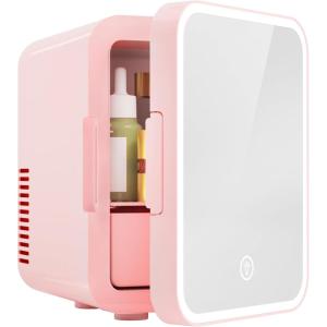 imageEUHOMY Mini Fridge 5L ACDC Small Refrigerator with Dimmable LED Mirror Portable Cooler and Warmer for Skin Care Cosmetics Beverage 5L Makeup Mini Skincare Fridge for Bedroom Car Office WhitePink