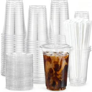 imageEUHOMY 100 Pack  16 oz Clear Plastic Cups with Lids and Straws Sturdy ampamp Food Safe Iced Coffee Cups with lids Disposable Plastic Smoothie Cups for Cold Drinks